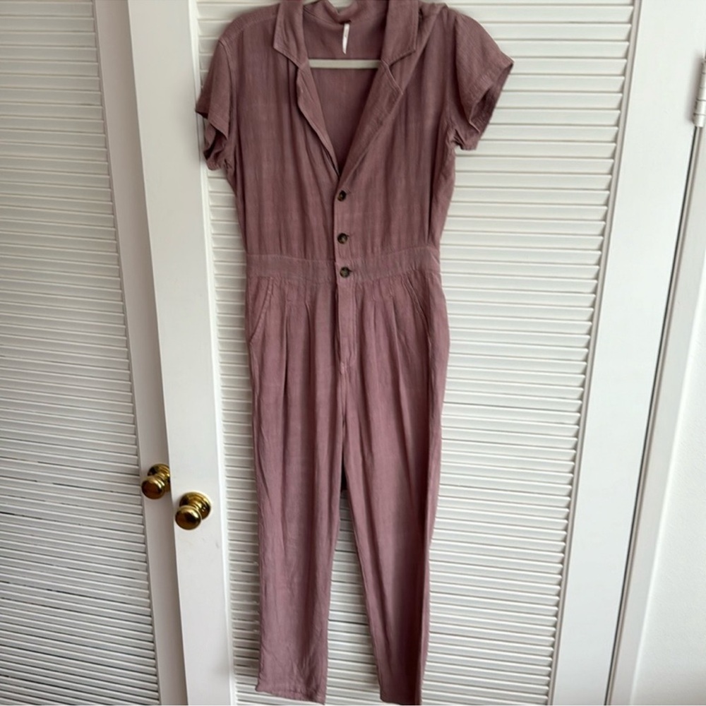 Free People Pink Jumpsuit with V-Neck and Cap Sleeves